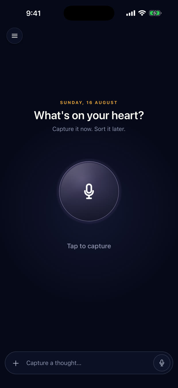 Preacher Prep's capture screen: What's on your heart, with a tap to capture microphone