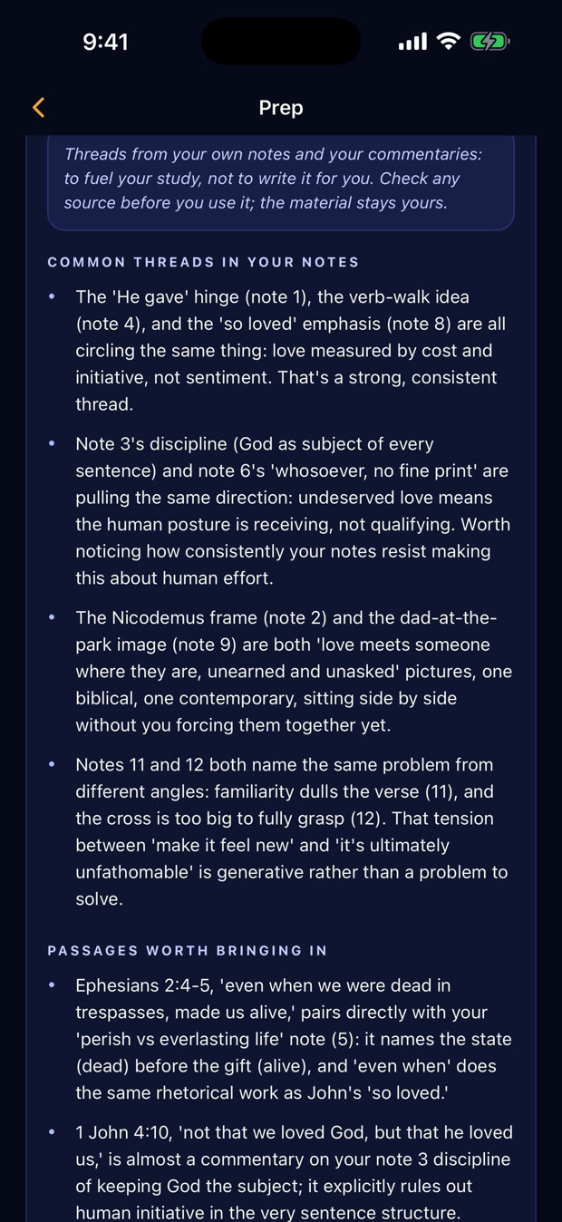 AI Assist in Preacher Prep: common threads across your own notes, with the passages behind them